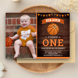 Rustikale Holz-Basketball-Foto zur ersten Geburtst Einladung