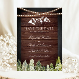 Rustikale Holz-Bergwald-Foto-Hochzeit Save The Date