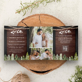 Rustikale Holz-Bergwald-Foto-QR-Code-Hochzeit Dreifach Gefaltete Einladung
