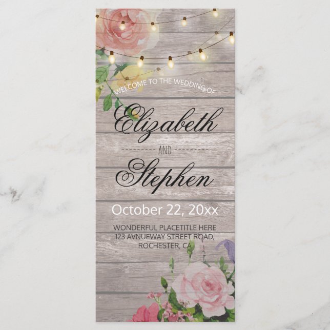 Rustikale Holz-Blumen-Lichterkette Hochzeitsprogra Programm (Vorderseite)