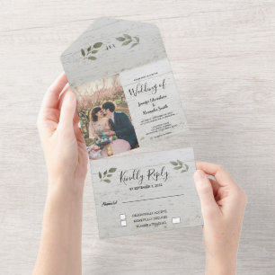 Rustikale Holz-Botanik-Monogramm-Foto-Hochzeit All In One Einladung
