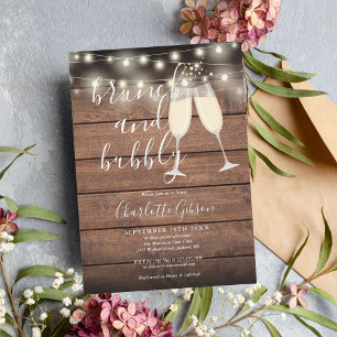 Rustikale Holz-Brunch-Bubbly-Script-Brautabschieds Einladung