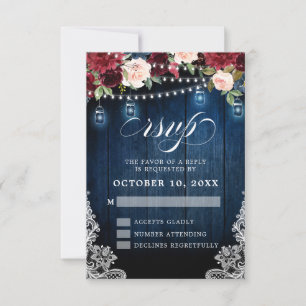Rustikale Holz-Burgunder-Blumen-Mason-Jar-Hochzeit RSVP Karte