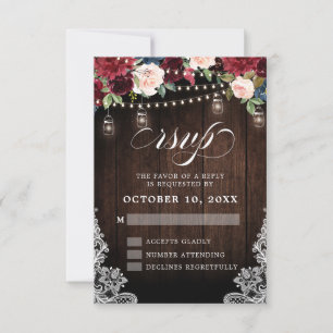 Rustikale Holz-Burgunder-Blumen-Mason-Jar-Hochzeit RSVP Karte