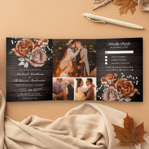 Rustikale Holz-Burnt Orange-Rose in einer Hochzeit Dreifach Gefaltete Einladung