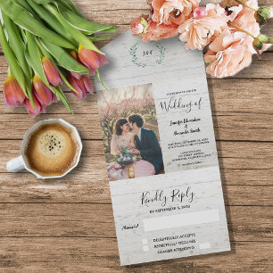 Rustikale Holz-Foto-Wasserfarben-Blätter Hochzeit All In One Einladung