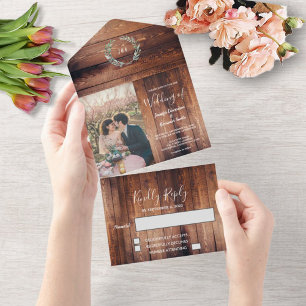 Rustikale Holz-Foto-Wasserfarben-Blätter-Hochzeit All In One Einladung
