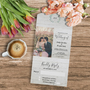 Rustikale Holz-Foto-Wasserfarben-Blätter Hochzeit All In One Einladung