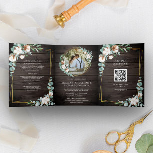 Rustikale Holz Gold Baumwolle Eukalyptus QR Code H Dreifach Gefaltete Einladung