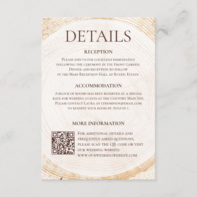 Rustikale Holz-Hochzeits-Details-Karte mit QR-Code Begleitkarte (Vorderseite)
