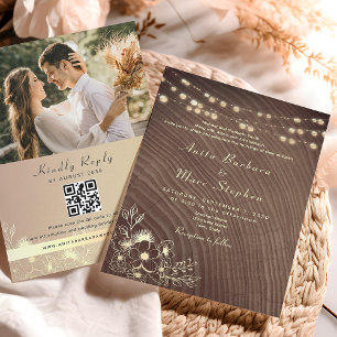 Rustikale Holz-Hochzeitseinladung mit Lichterkette Einladung