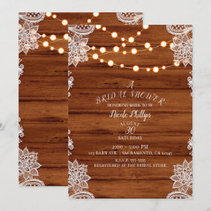 Rustikale Holz-Lace- und Schnurlichter Brause Show Einladung