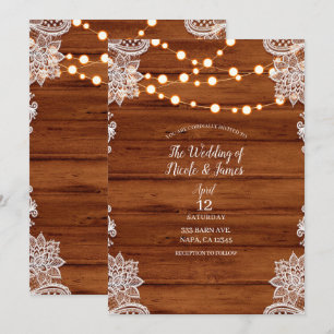 Rustikale Holz-Lace- und Schnurlichter-Hochzeit Einladung