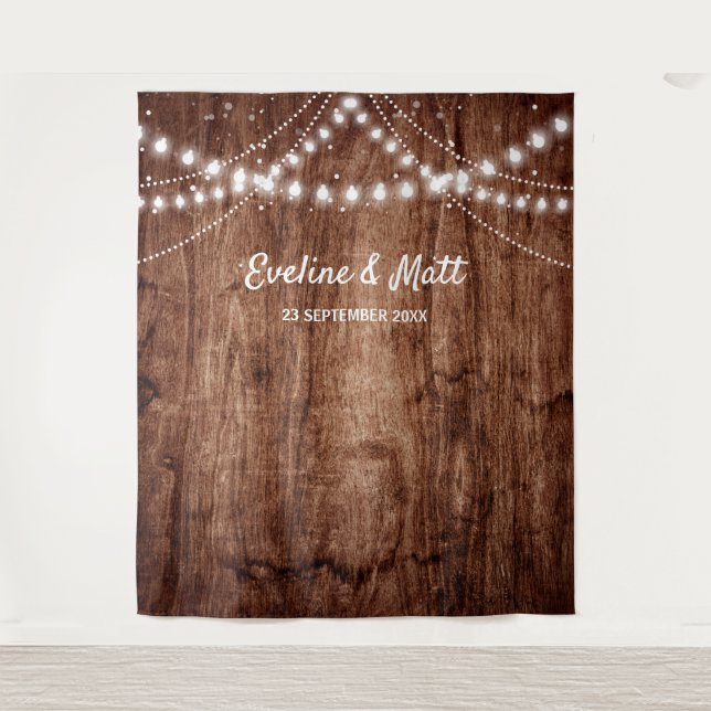 Rustikale Holz-Land-Boho-Lichterkette Hochzeit Wandteppich (Vorderseite)