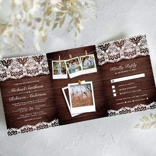 Rustikale Holz-Land-Lace-Foto-Collage-Hochzeit Dreifach Gefaltete Einladung