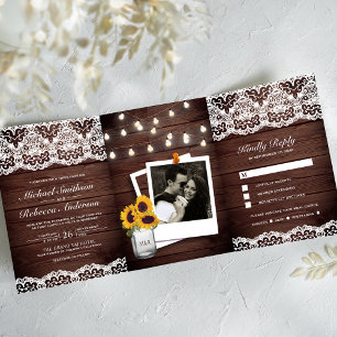 Rustikale Holz-Land-Lace-Lichterkette Hochzeit Dreifach Gefaltete Einladung