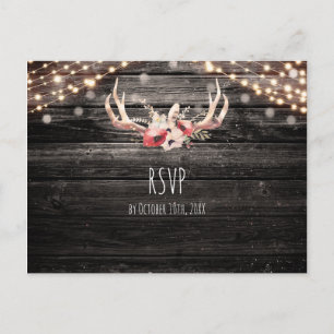 Rustikale Holz- & Lichter-Blumen-Geweih-Boho-RSVP Einladungspostkarte