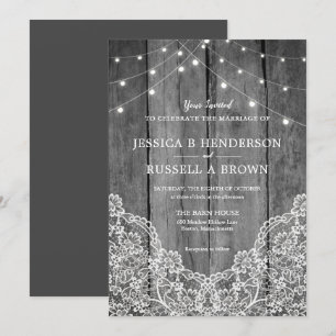 Rustikale Holz-Lichter-Lace B&W-Hochzeit Einladung