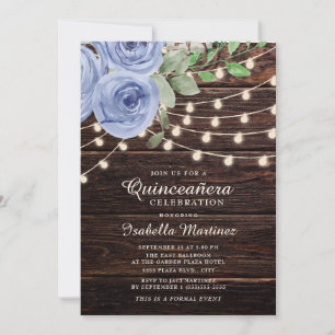 Rustikale Holz-Lichterkette Blaue Blumen Quinceañe Einladung