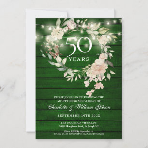 Rustikale Holz-Lichterkette Blumen 50. Hochzeitsta Einladung