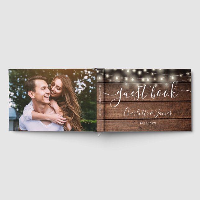 Rustikale Holz-Lichterkette Foto-Hochzeit Gästebuch (Voll)