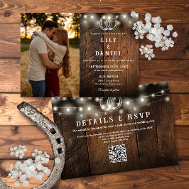 Rustikale Holz-Lichterkette Foto QR-Code Hochzeit Einladung