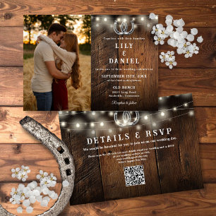 Rustikale Holz-Lichterkette Foto QR-Code Hochzeit Einladung