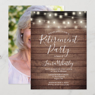 Rustikale Holz-Lichterkette Foto-Ruhestandsfeier Einladung