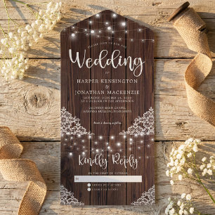 Rustikale Holz-Lichterkette für Hochzeit mit Spitz All In One Einladung