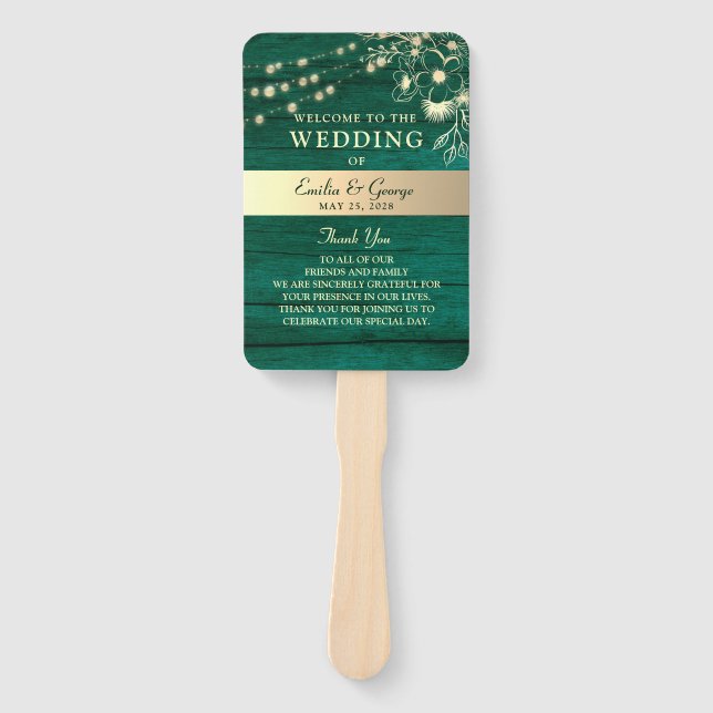 Rustikale Holz-Lichterkette Hochzeitsprogramm-Hand Fächer (Vorderseite)
