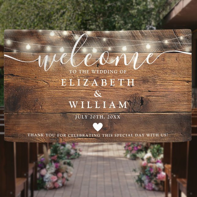 Rustikale Holz-Lichterkette Hochzeitswillkommen Banner (Rustic Wood String Lights Wedding Welcome Banner)