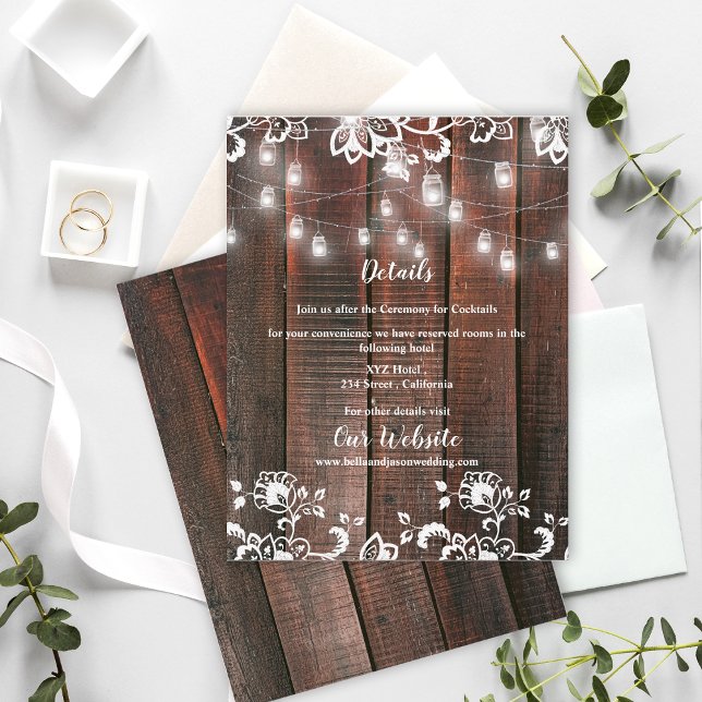 Rustikale Holz-Lichterkette mit Spitze für Scheune Begleitkarte (Rustic Wood String Lights Wedding Details Card | Barn Lace Wood Information Enclosure)