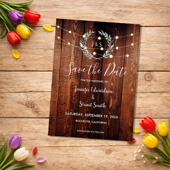 Rustikale Holz-Lichterkette Save the Date Magneteinladung (Rustic wood string lights Save the Date Magnetic Invitation.)