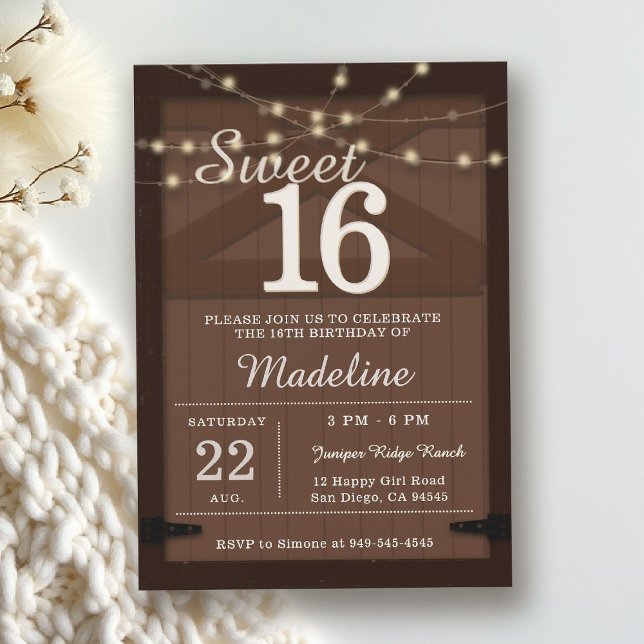 Rustikale Holz-Lichterkette Scheunentor Braun Swee Einladung (rustic sweet 16 birthday party invitation brown barn door wood string lights backyard outdoors chic)