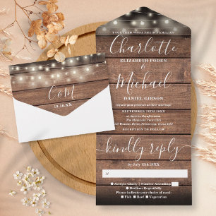 Rustikale Holz-Lichterketten für die Hochzeit in e All In One Einladung