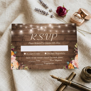 Rustikale Holz-Lichterketten Herbst-Blumen-Hochzei RSVP Karte