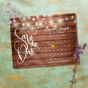 Rustikale Holz-Lichterketten-Kalender Save-the-Dat Ankündigungspostkarte