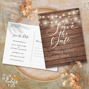 Rustikale Holz-Lichterketten Save-the-Date-Karte Postkarte