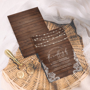 Rustikale Holz-Lichterketten und Spitze mit Schrif Einladung
