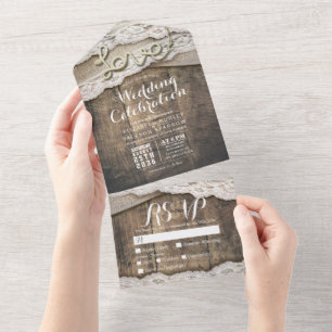 Rustikale Holz-Liebe-Seil-Burlap-Spitze-Hochzeit-R All In One Einladung