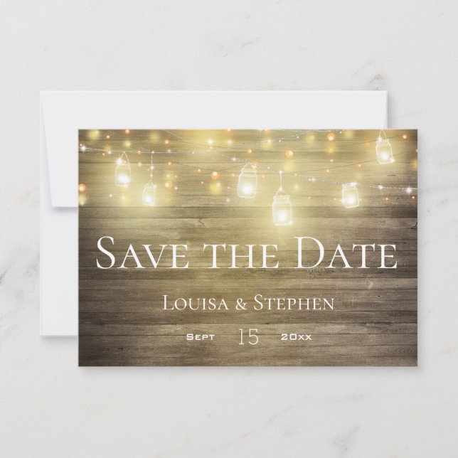 Rustikale Holz- & Lights Mason Jar Save the Date K (Vorderseite)