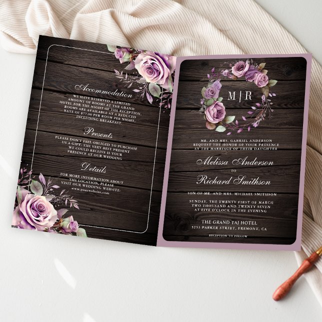 Rustikale Holz-Lila-Blumen-Hochzeit mit QR-Code Einladung (Von Creator hochgeladen)
