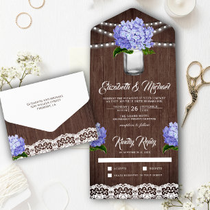 Rustikale Holz-Lila-Hortensien-Mason-Glas-Hochzeit All In One Einladung