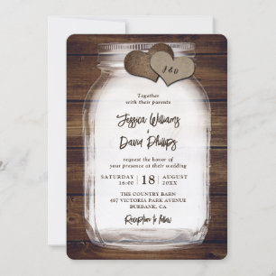 Rustikale Holz-Mason-Glas-Jute-Herzen-Hochzeit Einladung