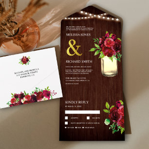 Rustikale Holz-Mason-Glas-Truhe Burgunder Florale All In One Einladung