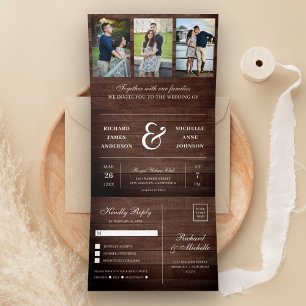 Rustikale Holz-Minimal-3-in-1-Fotocollage-Hochzeit Dreifach Gefaltete Einladung