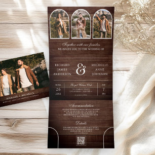 Rustikale Holz-Minimal-Bogen-Foto-QR-Code-Hochzeit Dreifach Gefaltete Einladung