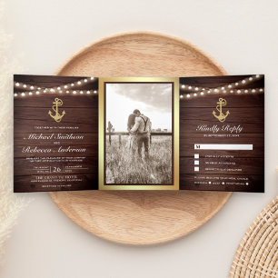 Rustikale Holz-Nautik-Gold-Anker-Lichter Hochzeit Dreifach Gefaltete Einladung