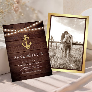Rustikale Holz-Nautik-Gold-Anker-Lichter Hochzeit Save The Date