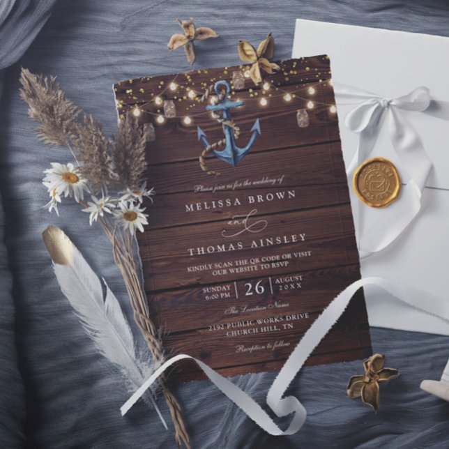 Rustikale Holz Navy Blau Anker QR-Code Hochzeit Einladung (Von Creator hochgeladen)